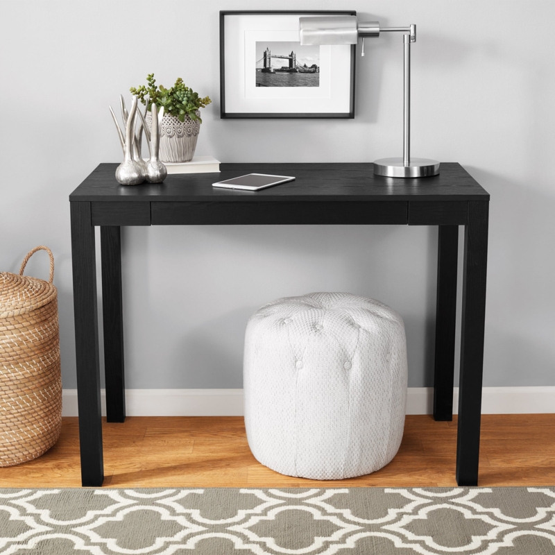 Writing Desk Matte Black Finish Central Drawer Wood Grain