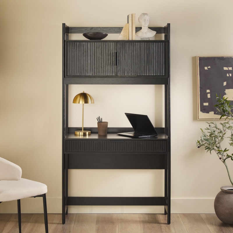 Writing Desk Matte Black Integrated Hutch Reeded Texture Gold