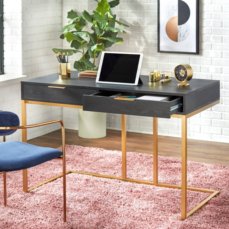Writing Desk Metal Ferrules Light Wood Tone Tapered Legs Gold Accents