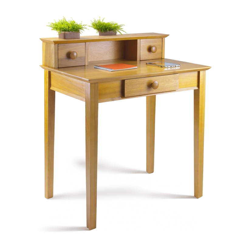 Writing Desk Mid-Century Modern Honey Pine Finish with Lower Storage Shelf