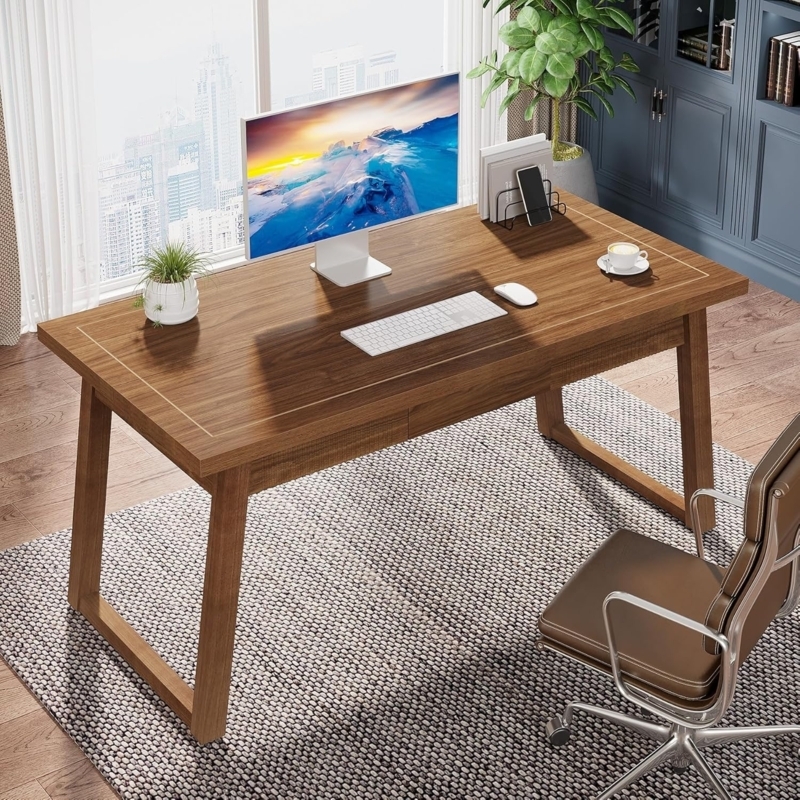 Writing Desk Mid-Century Modern Natural Wood Splayed Tapered Legs