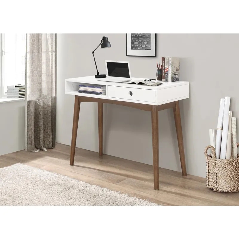 Writing Desk Mid-Century Modern Single Walnut Drawer Tapered Legs
