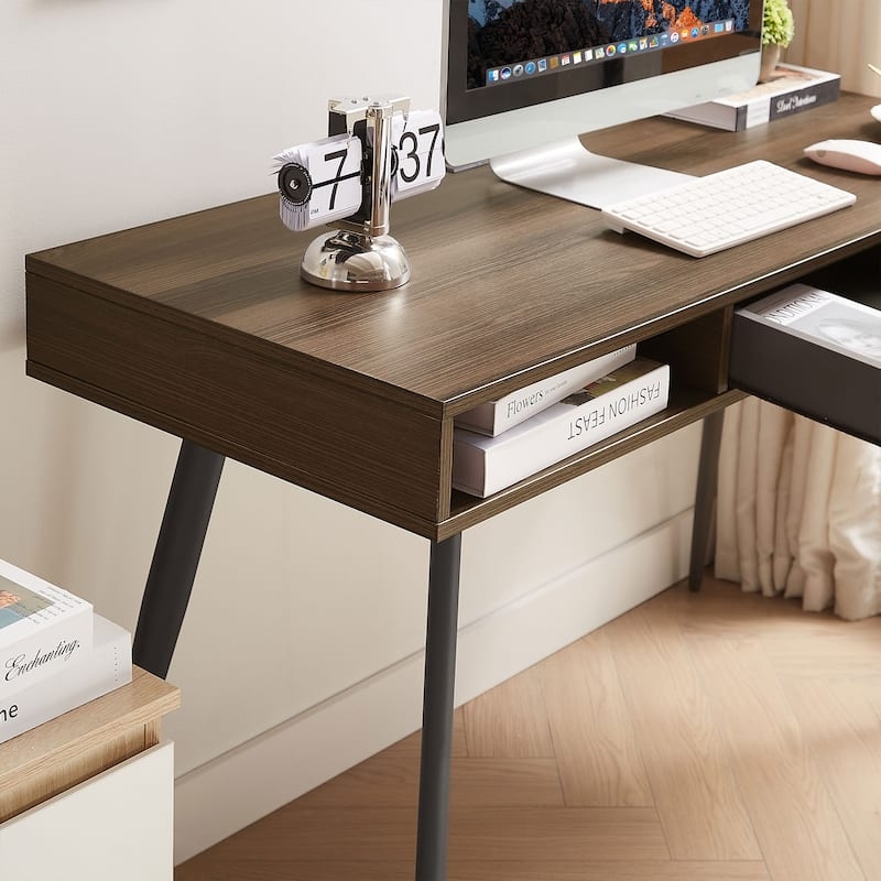 Writing Desk Mid-Century Modern Tapered Legs Open Cubbies Wood