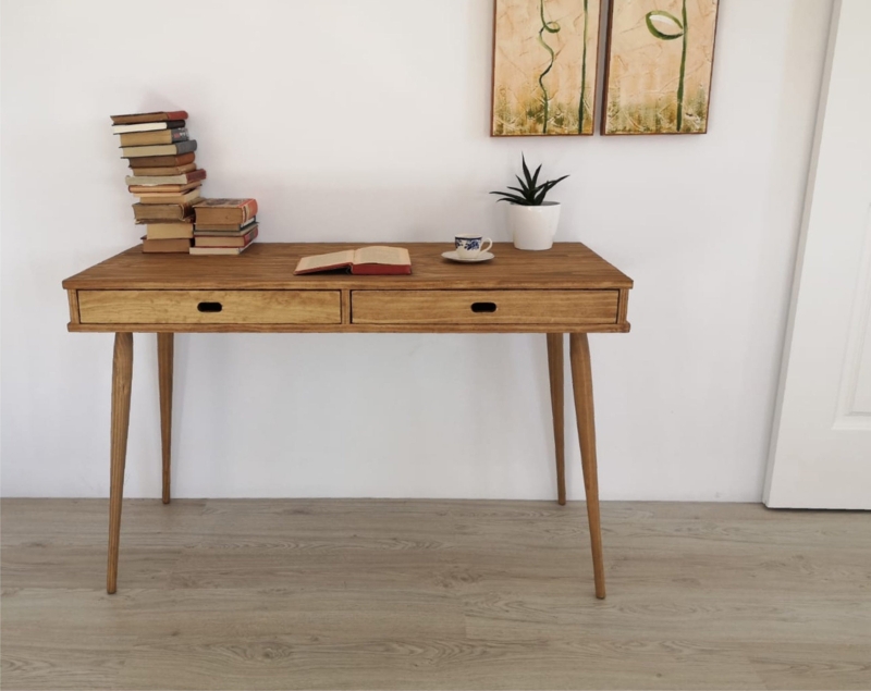 Writing Desk Mid-Century Modern with Circular Cut-Out Pulls and Tapered Legs