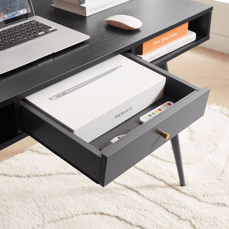 Writing Desk Mid-Century Warm Brown Tiered Surface Built-In Outlets