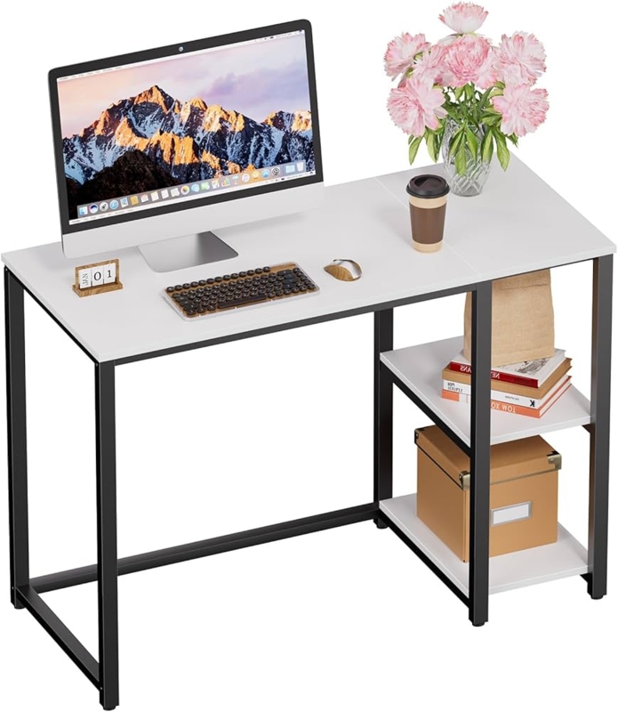 Writing Desk Minimalist Cream White with Bottom Storage Shelf