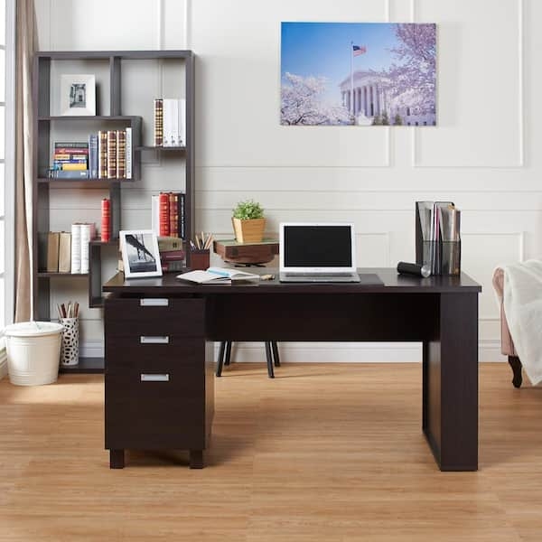 Writing Desk Minimalist Espresso Three Drawers Slender Profile