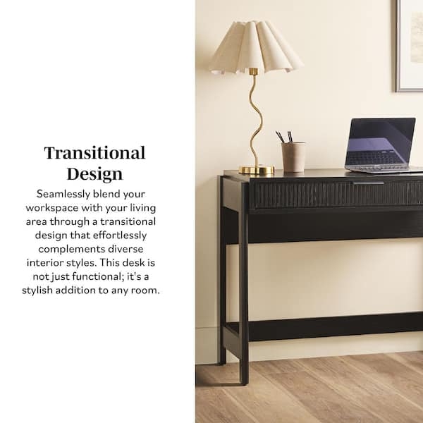 Writing Desk Minimalist Matte Black Reeded Front Gold Knob Accent
