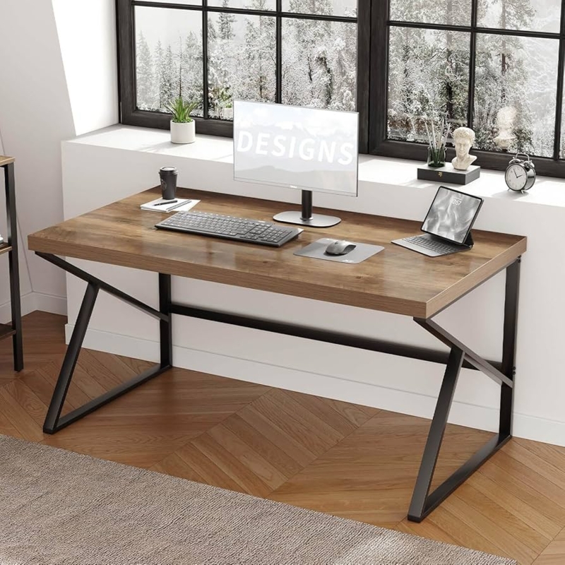 Writing Desk Minimalist Open Base Light Oak Finish Black Metal X-Brace