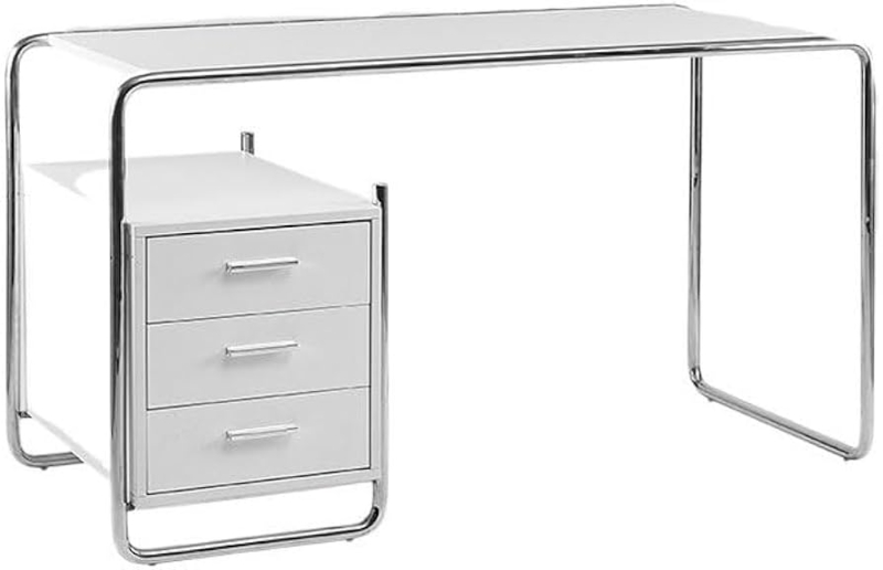 Writing Desk Minimalist White Top with Gold Sled Base Legs