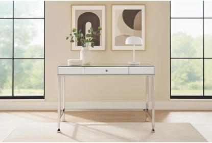 Writing Desk Mirrored Finish Chrome Frame X Base Legs Clear Accents