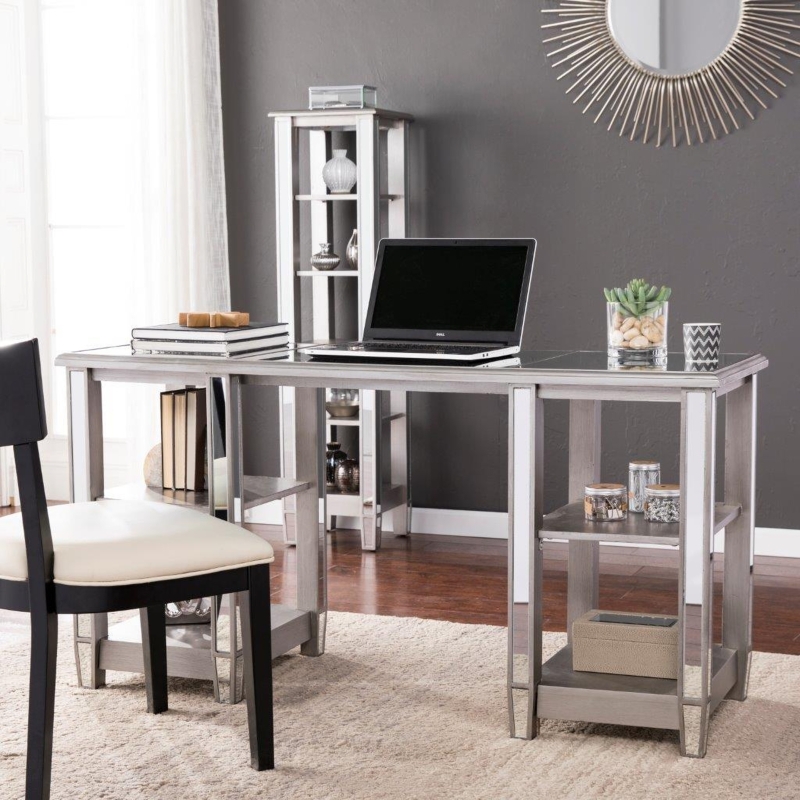 Writing Desk Mirrored Panels Brushed Silver Frame Crystal Hardware