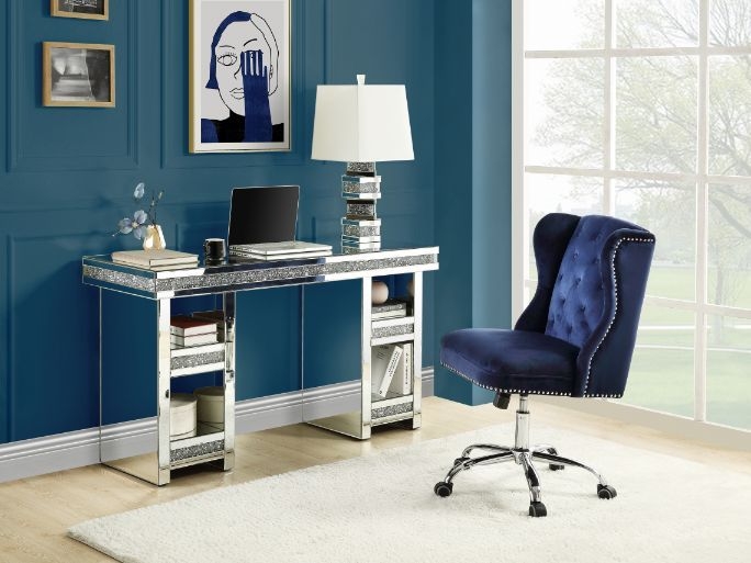 Writing Desk Mirrored X-Shaped Legs Trestle Base Silver Trim