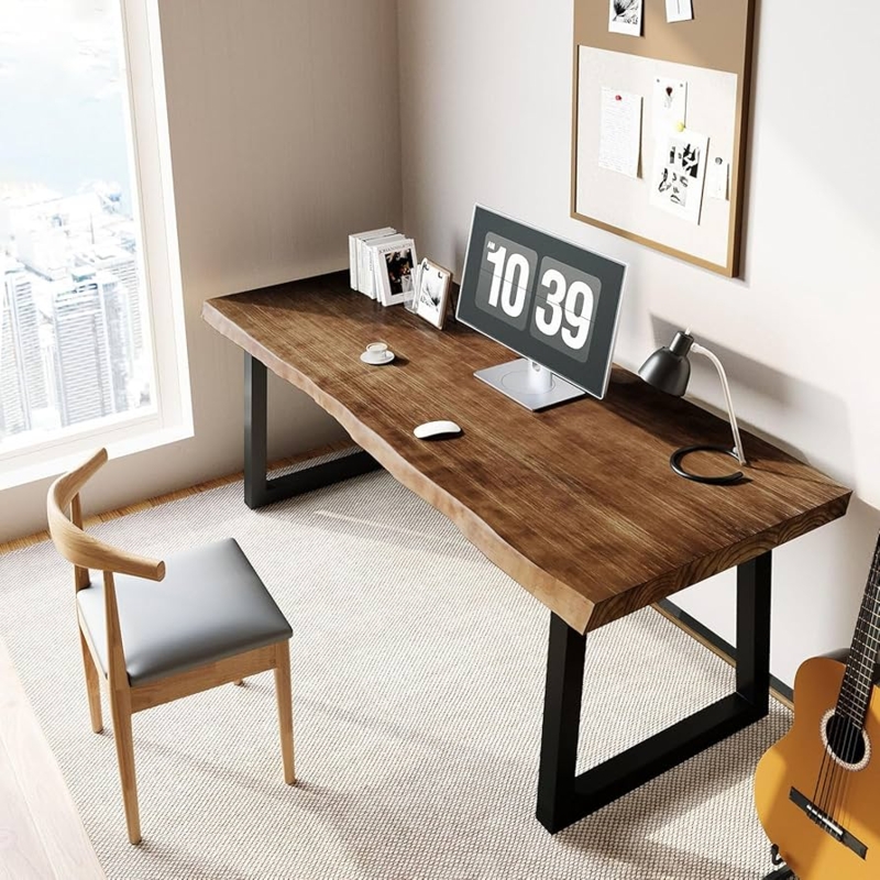 Writing Desk Modern Minimalist Dark Wood Thick Block Legs