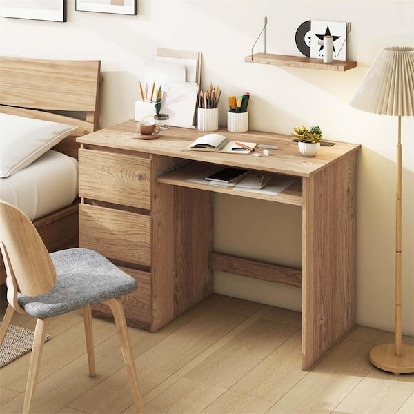 Writing Desk Modern Natural Tone Integrated Outlets Keyboard Tray
