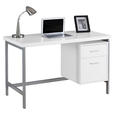Writing Desk Modern White Asymmetric Side Storage Silver Metal Frame