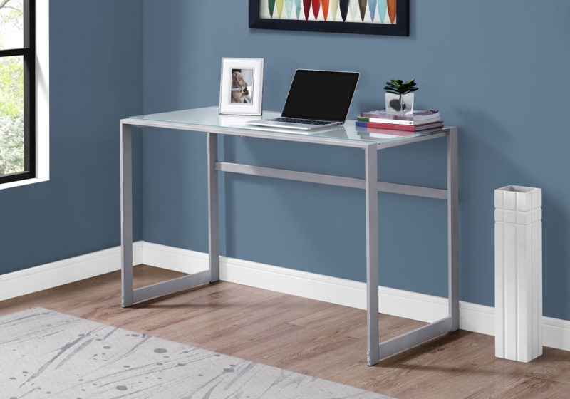 Writing Desk Modern White Tempered Glass Open Base Polished Metal Frame