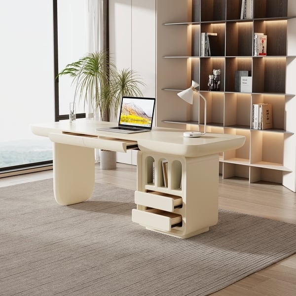 Writing Desk, Monochromatic Beige Finish with Rounded Edges