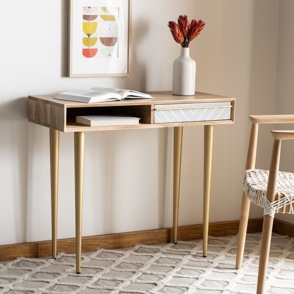 Writing Desk Natural Finish Two Drawers Gold Legs Compact Design