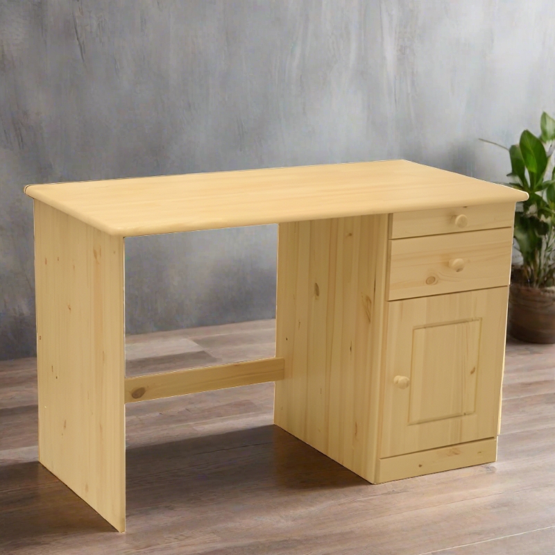 Writing Desk Natural Wood Asymmetric Drawers Tapered Legs Minimalist
