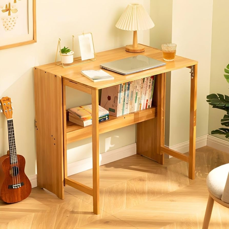Writing Desk Natural Wood Black X Frame Base Integrated Back Shelf