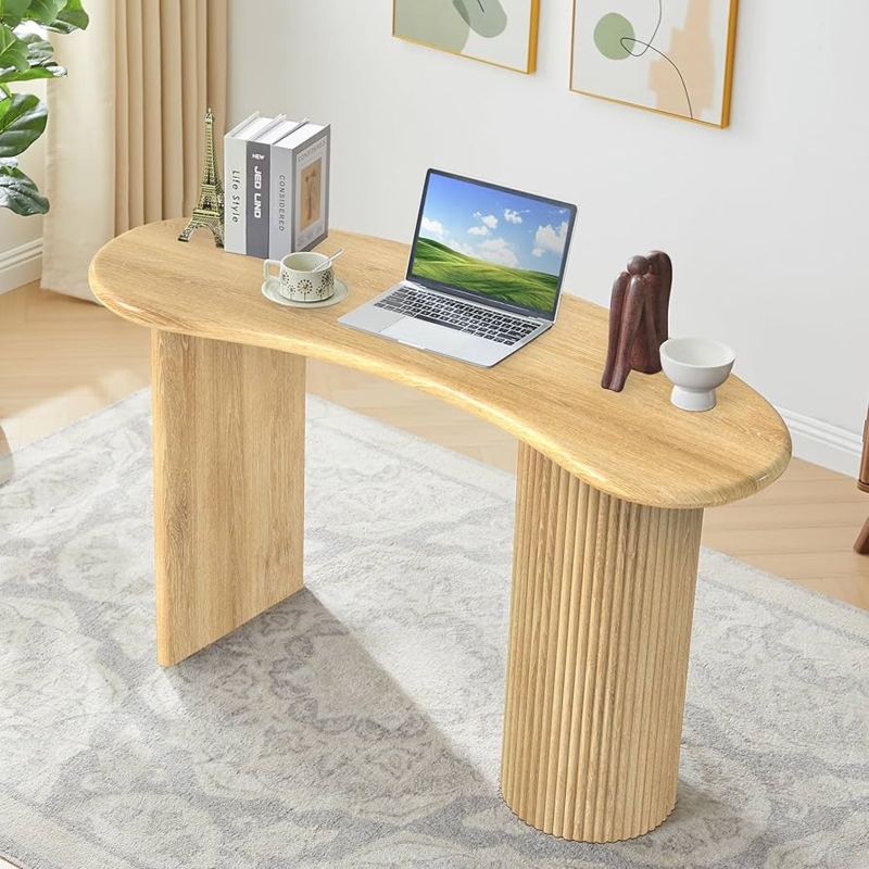 Writing Desk Natural Wood Fluted Legs Curved Silhouette Japandi