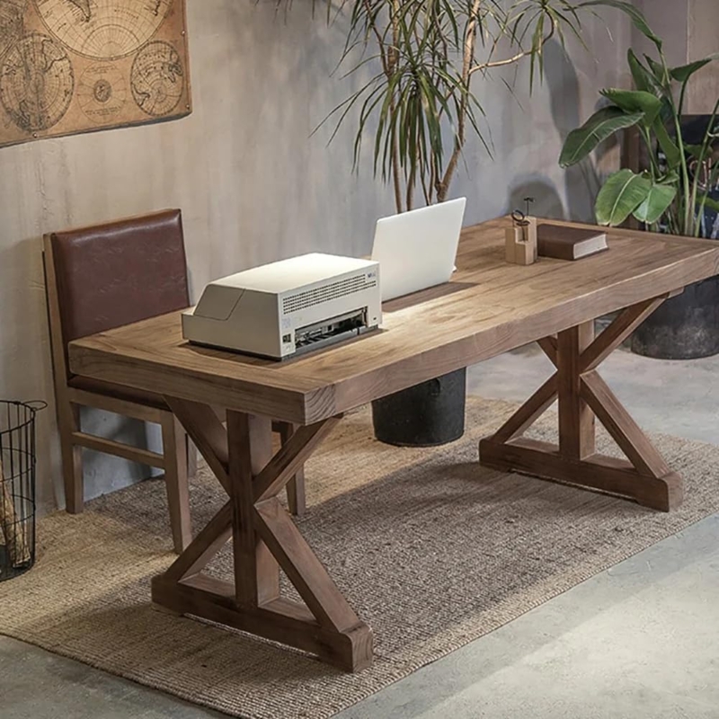 Writing Desk Natural Wood Grain Trestle Legs Rustic Farmhouse Style