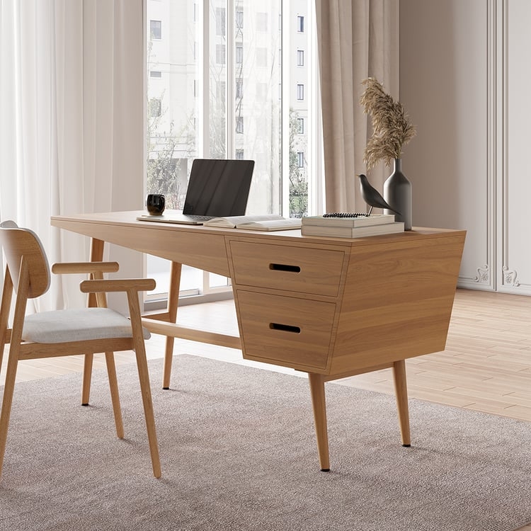Writing Desk Natural Wood with Fluted Drawers Splayed Legs