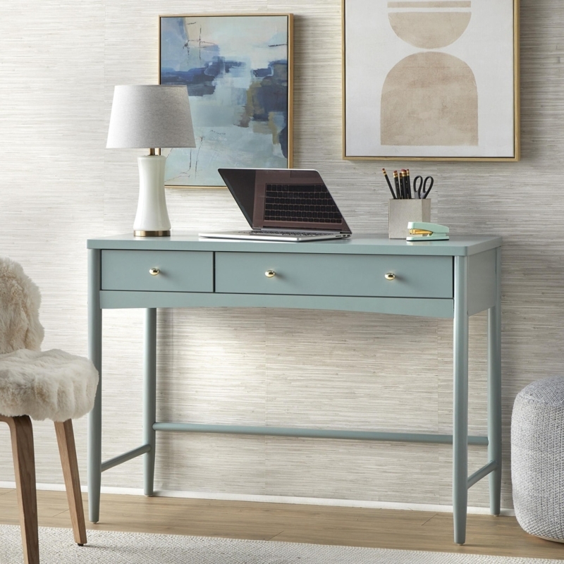 Writing Desk Navy Blue Frame Light Wood Top Angled Tapered Legs