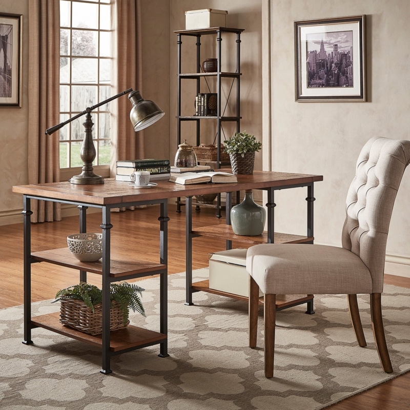 Writing Desk Oak Finish Integrated Storage Hutch Black Metal Industrial