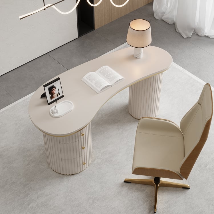 Writing Desk Off White Fluted Pedestals Curved Top Modern Glam