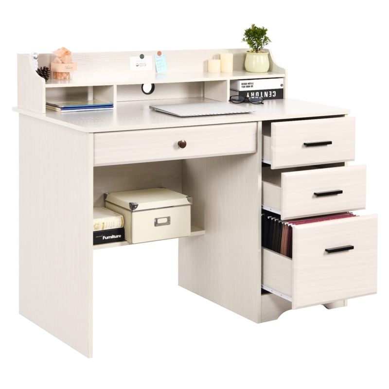 Writing Desk Off-White with Integrated Hutch and Four Storage Drawers