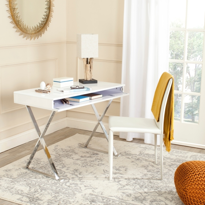 Writing Desk Polished Chrome X Frame Legs White Lacquer Look