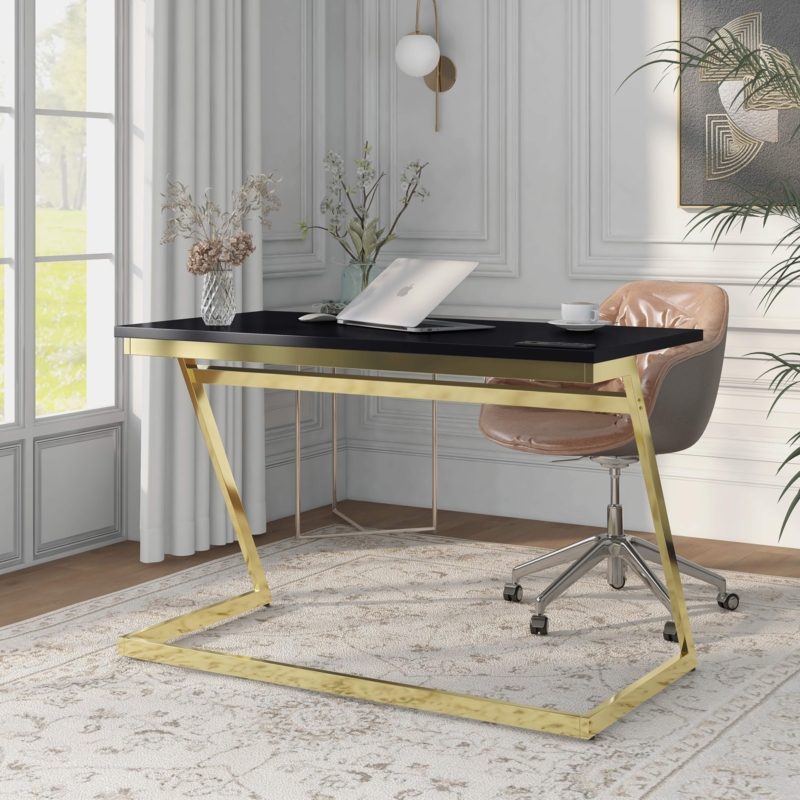Writing Desk Polished Metal X-Frame Base Three Drawer Storage