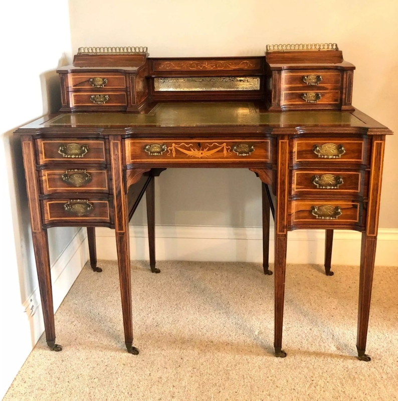 Writing Desk Raised Gallery Inlaid Marquetry Victorian Dark Brown