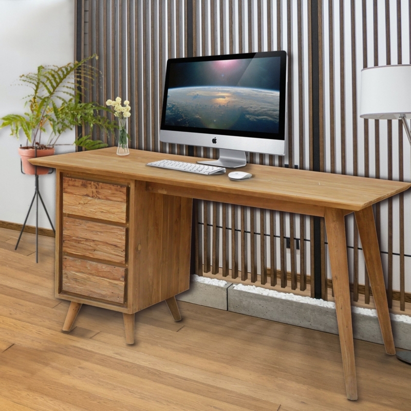 Writing Desk Recycled Teak Appearance Three Drawer Storage Retro Wood