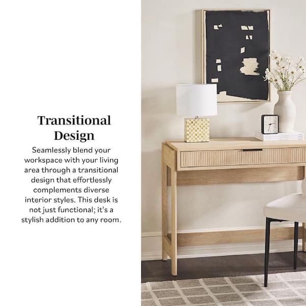 Writing Desk Reeded Drawer Front Coastal Oak Black Metal Base