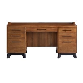 Writing Desk Rich Medium Brown Tapered Legs Double Drawers