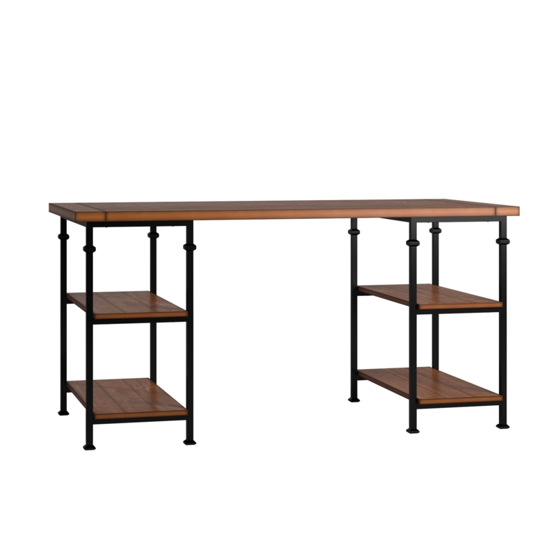 Writing Desk Ring Pulls Side Storage Shelf Oak Finish Top Industrial