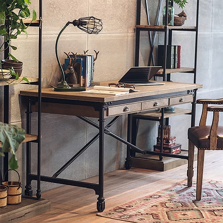 Writing Desk Rolling Casters Keyboard Tray Industrial Rustic Wood
