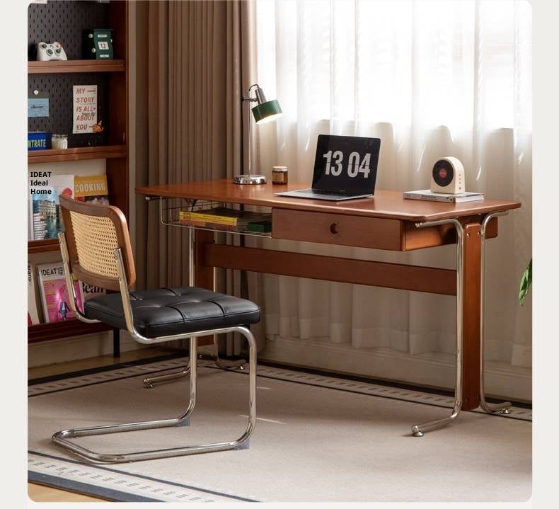 Writing Desk Rounded Corners Cylindrical Legs Teak Tone Bauhaus Style