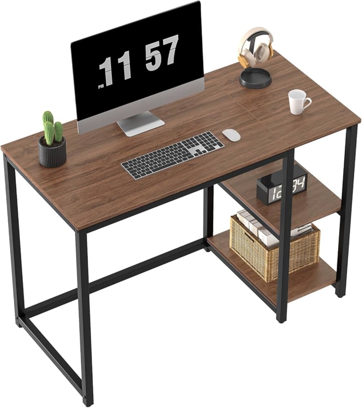 Writing Desk Rustic Dark Brown with X Frame Support Shelves