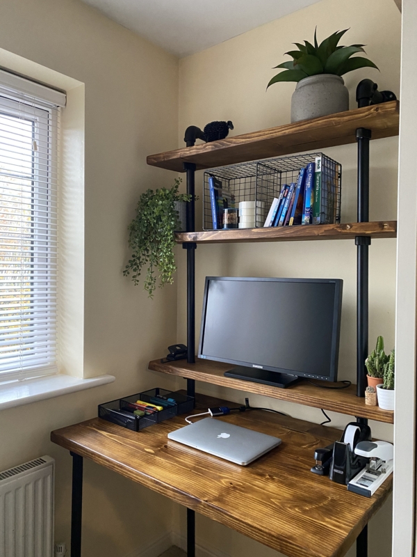 Writing Desk Rustic Industrial Integrated Shelving Metal Strap Brackets