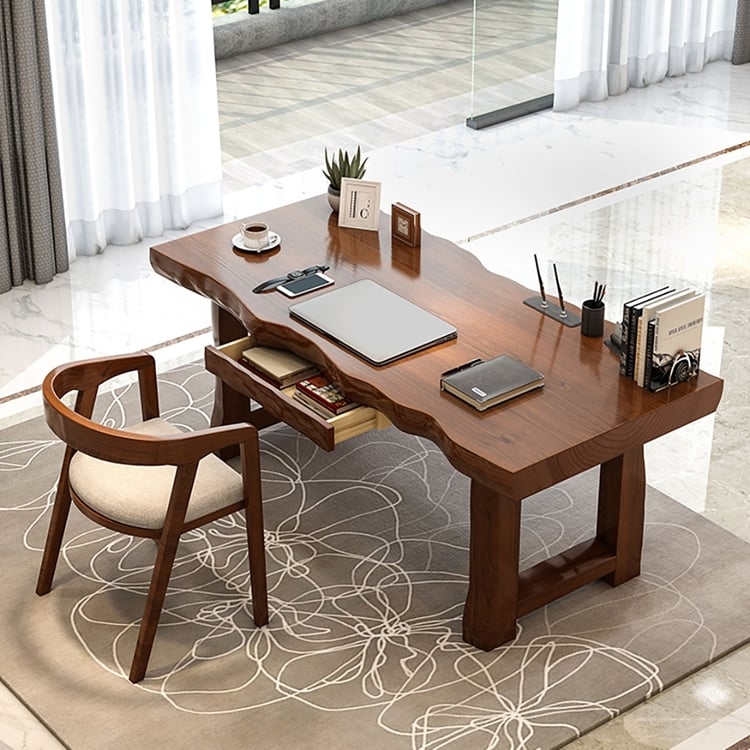 Writing Desk Rustic Industrial Walnut Brown with Wave Shaped Edge and U-Shaped Legs