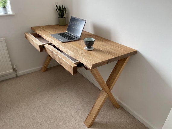 Writing Desk Rustic Live Edge Solid Wood X Frame Legs Two Drawers