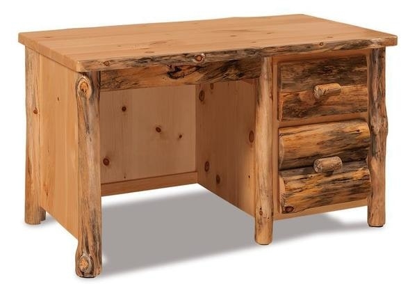 Writing Desk Rustic Lodge with Log Construction, Bark Edge Details, and Single Pedestal