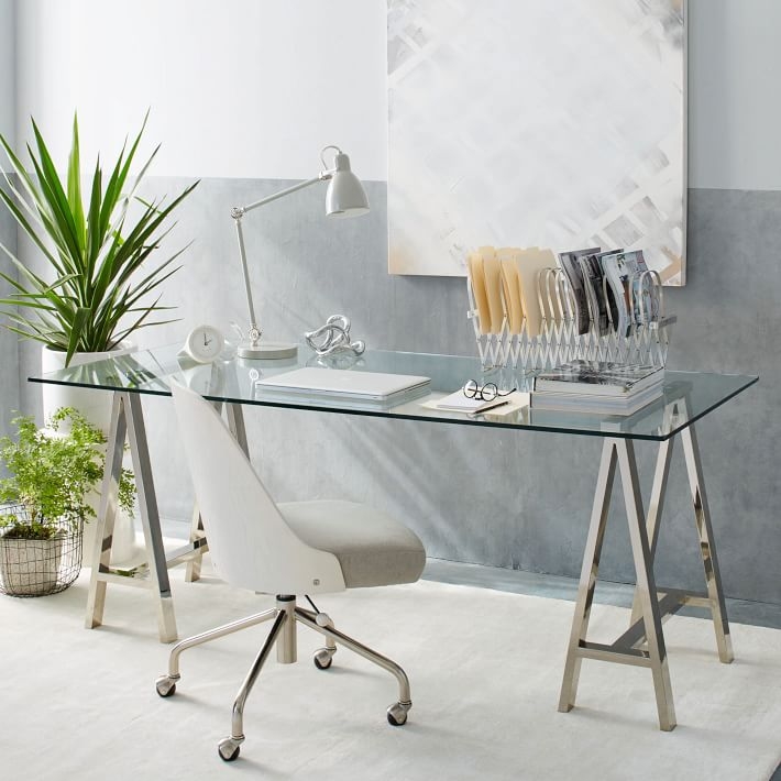 Writing Desk Sawhorse Base Polished Nickel Glass Top Transitional