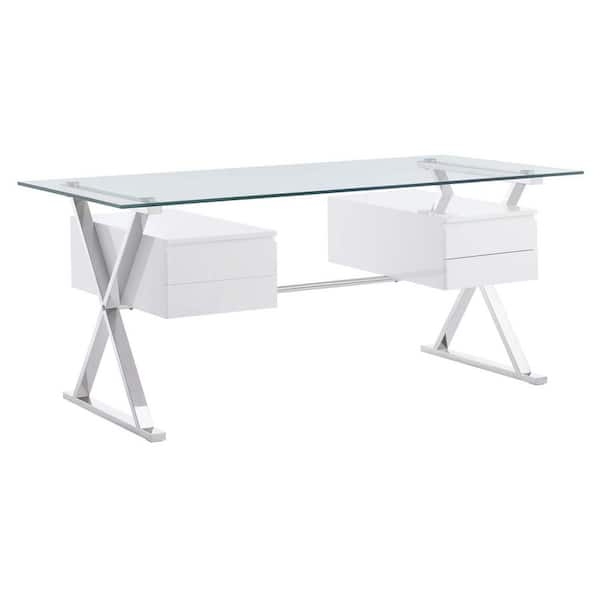 Writing Desk Sawhorse Legs White Trestle Base Glass Top Modern