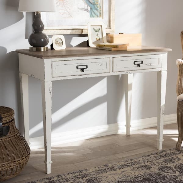 Writing Desk Scalloped Apron Distressed White French Country Style