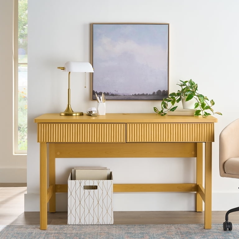 Writing Desk Scandinavian Mid-Century Modern Natural Finish with Fluted Drawers